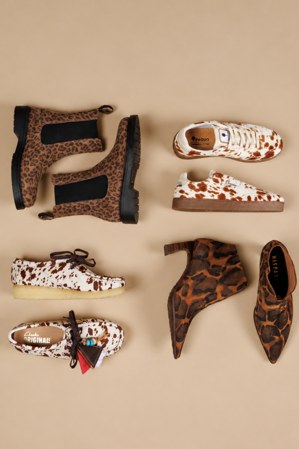 Photo studio avec plusieurs chaussures aux motifs animaliers