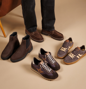 Photo studio avec des baskets, une boots, un derbies en nubuck